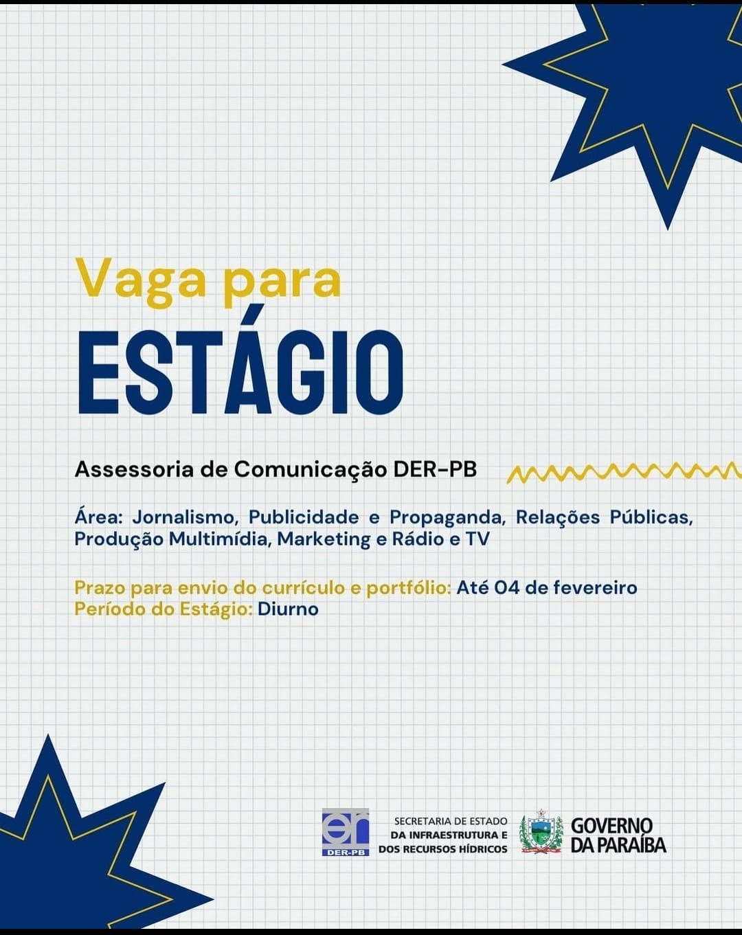 DER-PB abre vaga de estágio para estudantes da área de comunicação